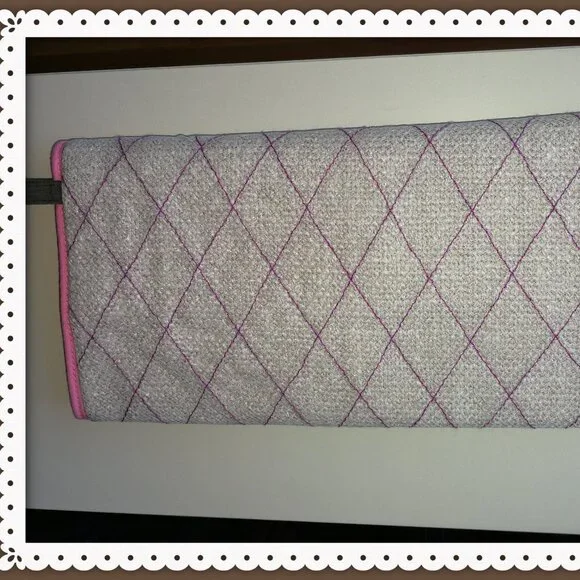 SOFT CREAM CANVAS  PURPLE STITCHES SMALL PURSE LARGE WHITE PEARL BUTTON HANDMADE - Picture 2 of 5